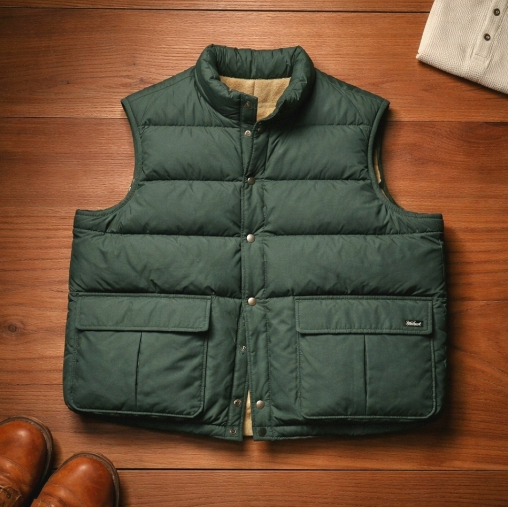 Vintage 90s Woolrich Down Vest Men’s 2XL Made in USA Dark Green Zip Snap - Picture 1 of 14